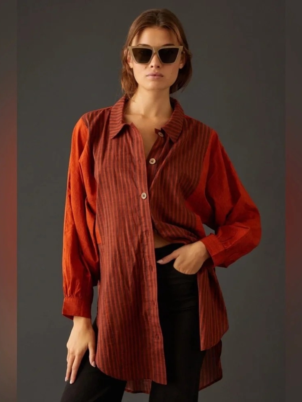 Antropologie  Rust Striped Button-Up Tunic Top - Women's Size L